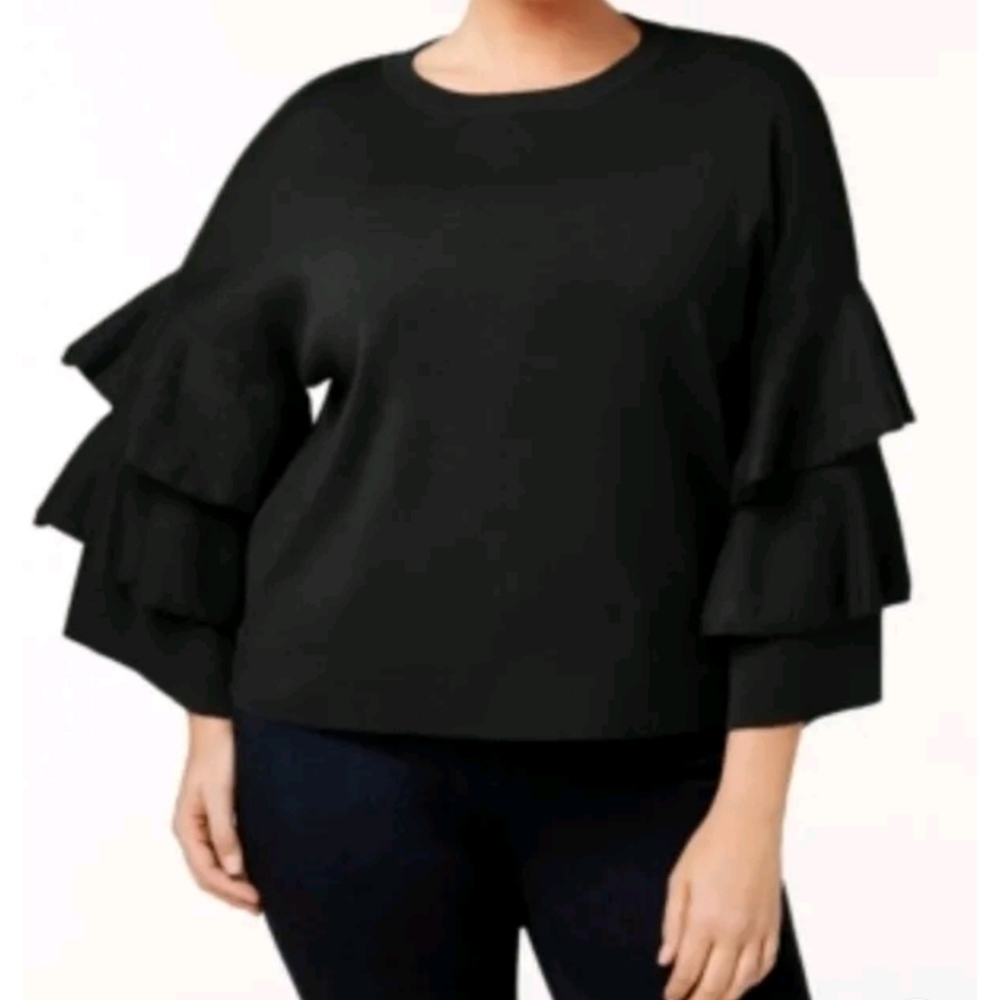 NY Collection Sweater NWT Womens 1XP Black Ruffled Bell Sleeve V-Neck